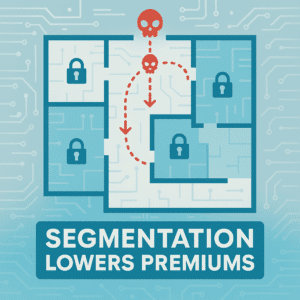 Top-down office floor plan with locks blocking red threat arrows—visualizing microsegmentation that limits lateral movement and lowers cyber insurance premiums for underwriting.