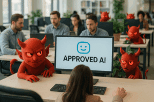 Executive in office hides an unauthorized AI device behind his back, symbolizing AI Risk and shadow AI use that can lead to liability and uncertainly about cyber liability insurance payments.