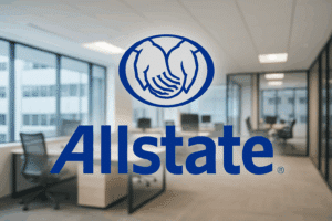 Allstate logo on glass in a modern office representing workplace benefits like personal cyber insurance and cyber protection coverage from scams for employees and families.