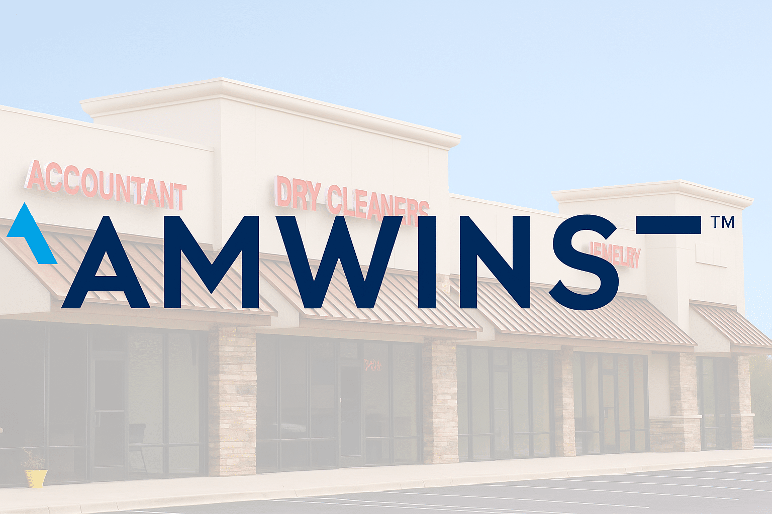 Amwins logo over a suburban strip mall with small businesses such as an accountant, dry cleaner, and jeweler, representing SME cyber insurance coverage.