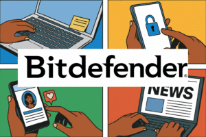 Comic-style illustration showing personal cybersecurity in everyday tech use with the Bitdefender logo, highlighting secure mobile and online habits.