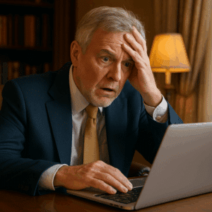 Image of baby boomer hacked and realizing he has not personal cyber insurance