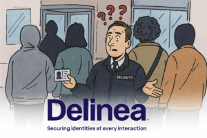 Cartoon security guard at a building entrance checking IDs, surrounded by obscured faces and question marks, illustrating identity security and Cyber Insurance Policy confusion, with Delinea logo and tagline ‘Securing identities at every interaction’ at the bottom.