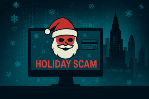 Digital illustration of a masked Santa on a computer screen symbolizing holiday scams, like POS breaches, with cyber code, city skyline, and a subtle Die Hard Easter egg.