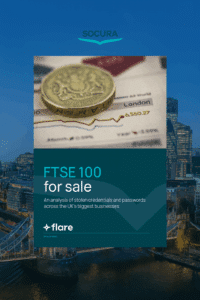 Cover of the FTSE 100 report titled "FTSE 100 for sale," overlaid on a London skyline at dusk, highlighting an analysis of stolen credentials and passwords from top UK businesses.