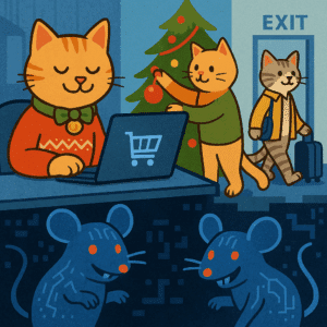 Office worker cats shopping, decorating, and leaving for the holidays while digital mice smile and prepare a cyberattack.