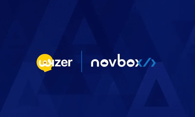Wizer and Novbox logos on a blue geometric backdrop symbolizing security awareness training, cyber risk reduction, and lower Cyber Insurance Premiums.
