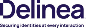 “Delinea logo with tagline ‘Securing identities at every interaction,’ representing identity security, privileged access management, and cyber insurance solutions.