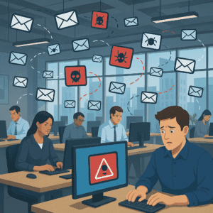Digital illustration of a modern open-plan office with employees working at computers. Floating email icons travel between desks, some with red warning symbols showing malicious intent. One worker looks alarmed as their computer displays an infection alert, symbolizing a cybersecurity breach or phishing attack and BEC, AKA business email compromise. Do they have cyber insurance!?