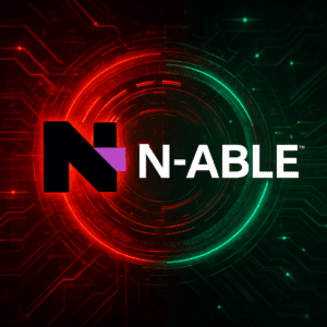 N-able logo on a high-tech futuristic red and green cyber background representing the Cyber Warranty program and business resilience.