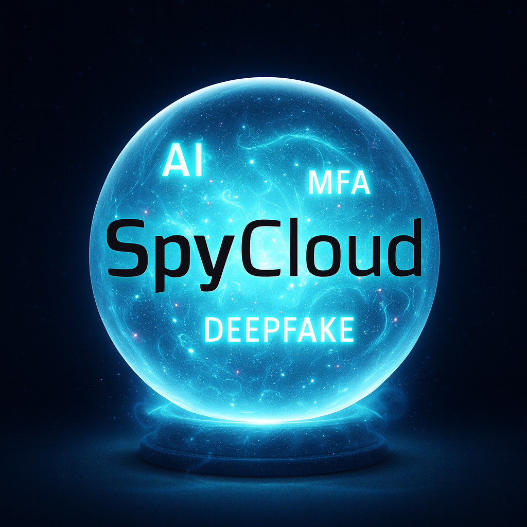 SpyCloud logo inside a glowing crystal ball with digital effects and the words AI, MFA, and DEEPFAKE floating around, illustrating cybersecurity predictions for 2026.
