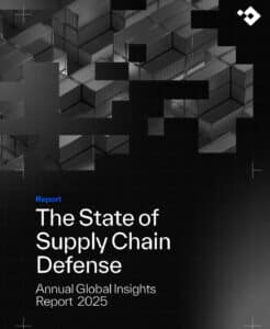 The State of Supply Chain Defense 2025 report cover showing shipping containers and cyber risk, highlighting cyber liability insurance requirements