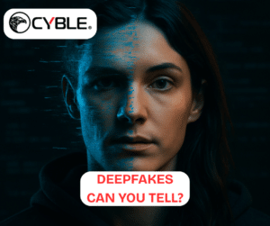 Deepfake warning graphic with a split face and digital distortion, highlighting Deepfake-as-a-service risks. Cybersecurity predictions for 2026 are that it will be a growing problem. A significant concern with regard to cyber liability insurance.