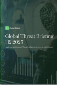 Cover of CyberCube’s “Global Threat Briefing H2 2025” report on ransomware, cyber risk analytics and cyber liability insurance, with data charts and a digital fingerprint in the background.