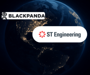 Logos of Blackpanda and ST Engineering over a nighttime satellite view of Asia Pacific with glowing data lines, symbolising cyber liability insurance, cyber defence and digital business connectivity across the region.