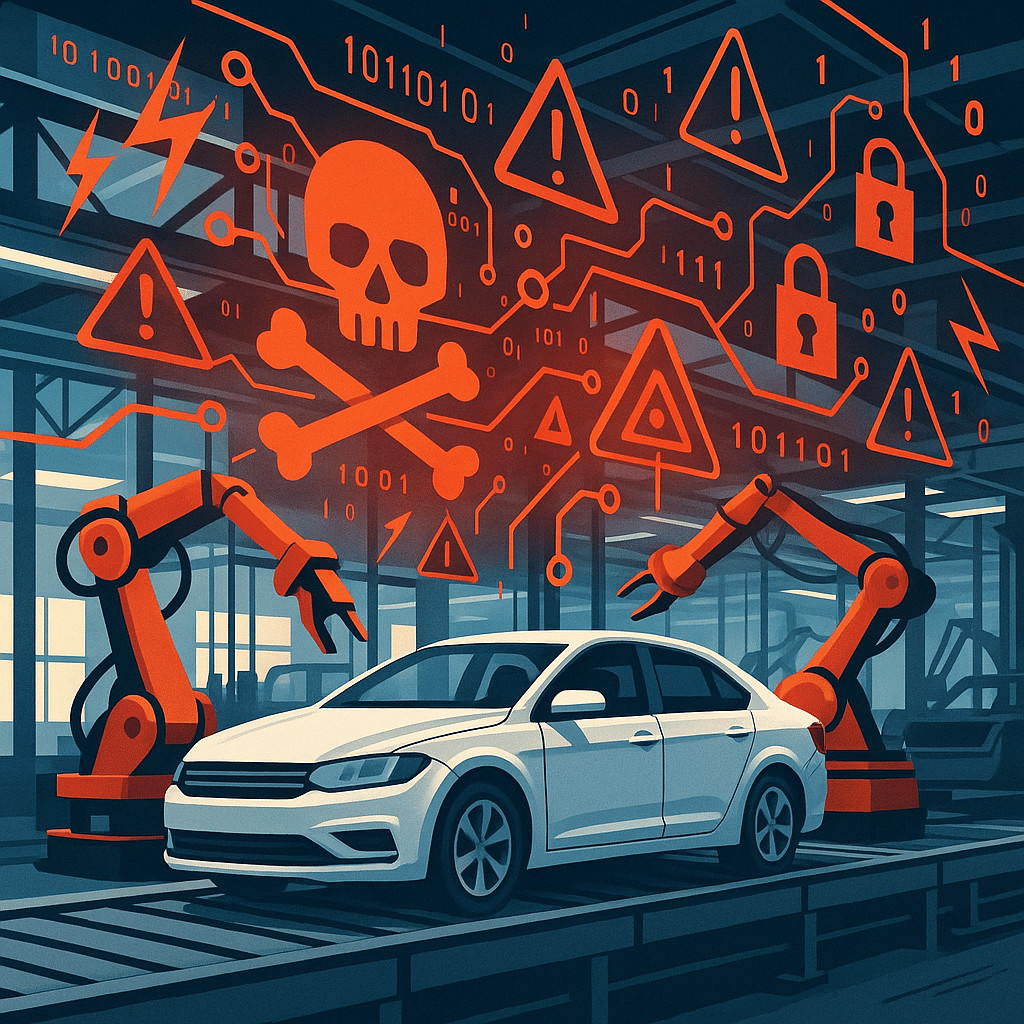 Illustration of an automotive assembly line under cyber attack, showing robots and a car surrounded by digital warning icons, symbolizing cyber risk and the importance of cyber insurance for the auto industry.