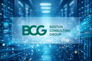BCG logo on AI cyber threat background with fiber optic server room and cybersecurity data center lighting. The article touched on report and raises thoughts on cyber liability insurance.