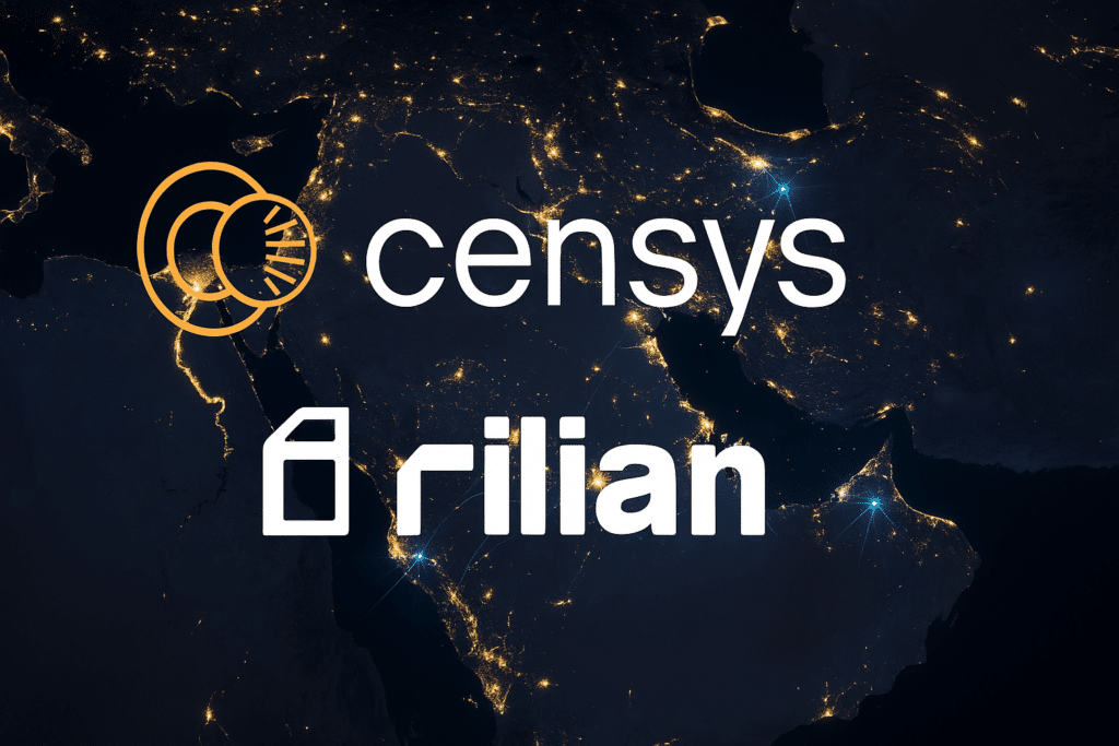 Censys and Rilian logos over a nighttime satellite map of the Middle East illustrating regional critical infrastructure cybersecurity and digital threat activity.