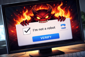 Illustration of a fake CAPTCHA on a desktop monitor with a devil-like cyberattack figure emerging from flames, representing ClickFix social engineering attacks.