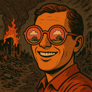 A person smiling while wearing rose-tinted glasses that show an ideal world, contrasted with chaos around them, symbolizing deepfake effects and AI-driven distortion relevant to cyber liability insurance.