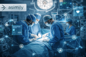 Hospital operating room with networked device telemetry overlays for IoT, OT, and IoMT, highlighting Healthcare cybersecurity priorities for a Healthcare CISO.