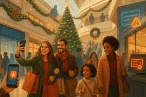 Holiday shopping mall scene with happy shoppers, festive decorations, and hidden cybersecurity symbols including binary code, phishing alert icons, and identity theft warning signs.