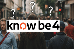 KnowBe4 Deepfake training image showing uncertain people on a city street highlighting AI impersonation risks and cyber liability insurance exposure