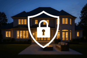 A luxury home at dusk with a glowing digital cyber shield and padlock icon overlay, symbolizing Personal Cyber Insurance protection for high-net-worth households.