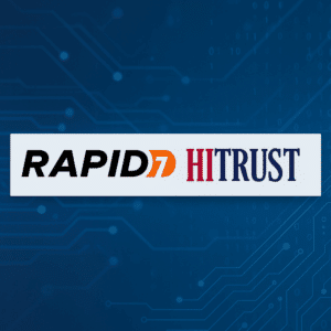 Rapid7 and HITRUST logos side by side on a tech background illustrating automated compliance and cyber liability insurance readiness.