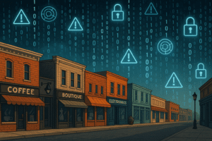 Quaint small business district under digital attack, with cyberattack symbols and data streams highlighting cybersecurity issues and cyber risks for local retailers.