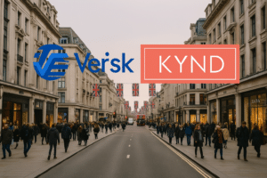 Verisk and KYND logos side by side over Oxford Street in London, illustrating cyber risk intelligence for UK retail insurers