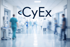 CyEx logo over a hospital hallway with blurred medical staff, highlighting cyber insurance and medical fraud protection after a data breach.