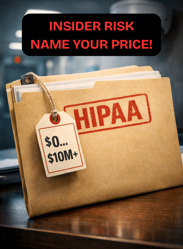 HIPAA insider threat concept image showing a patient file folder stamped HIPAA with a price tag, illustrating healthcare data theft risk, cybersecurity exposure, and cyber liability insurance concerns.