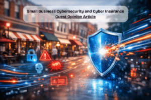 Cyber Insurance For Small Businesses illustrated by a small town main street protected by a blue cybersecurity shield blocking digital cyber threats and data attacks. Does small business need cyber liability insurance is the subject of article.