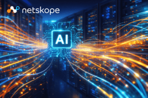 Netskope logo over AI Risk server illustration showing fiber-optic data movement streams in a cloud security environment. Do you nee AI cyber liability insurance?