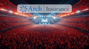 Packed stadium concert with Arch Insurance banner, showing event cancellation cyber coverage and cyber liability insurance risk.