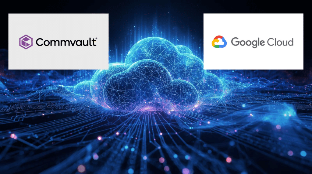 Commvault and Google Cloud logos over a digital cloud graphic highlighting cyber resilience, immutable backups, and ransomware recovery.