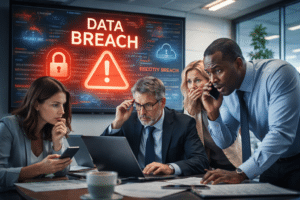 Business leaders reacting to a data breach highlighting cyber insurance coverage gaps and the need to consider 831(b) risk strategies