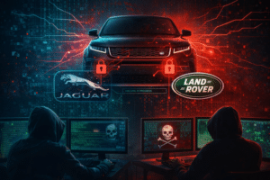 Illustration of Jaguar Land Rover cyber attack highlighting supply chain disruption and cyber insurance coverage risk