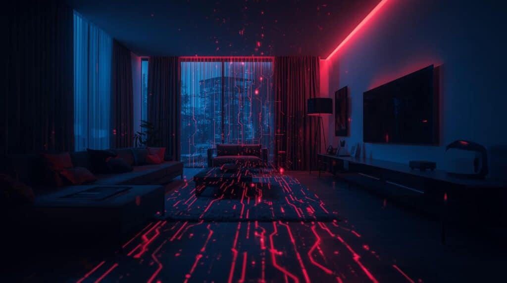 Smart home interior showing AI Risk and personal cybersecurity threats from hacked connected devices.