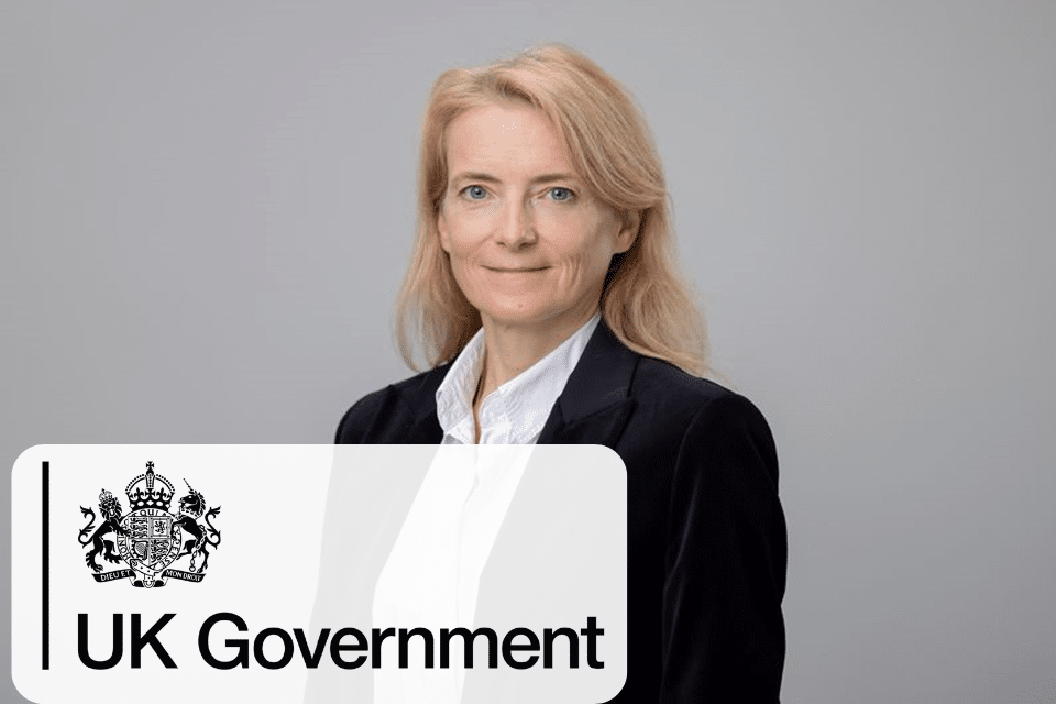 UK Government branded graphic showing a ministerial portrait of Liz Lloyd with the UK Government crest and “UK Government” text, used for an article on cyber insurance, cyber security, and UK cyber resilience