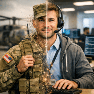 Soldier in BDUs morphing into an IT worker, symbolizing veteran pathways into cybersecurity jobs and cloud security careers