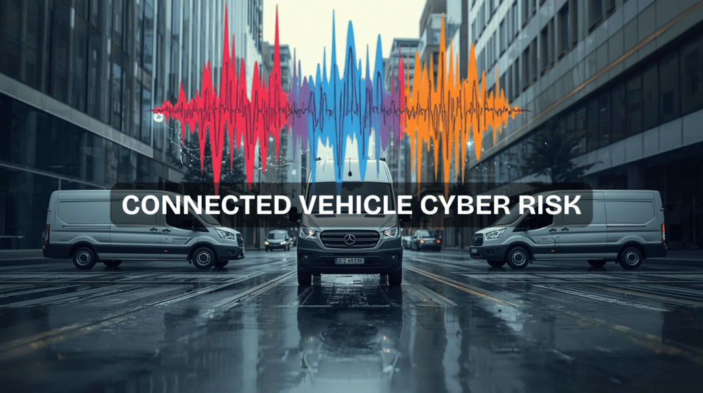 Connected commercial vans in a city street with digital signal overlay highlighting connected vehicle cyber risk and fleet cybersecurity exposure.