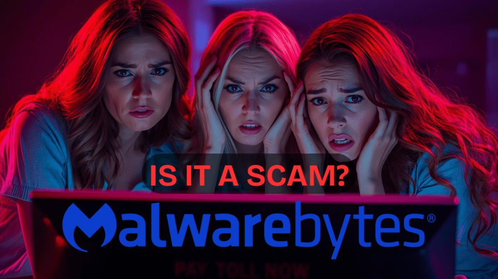 is this a scam warning graphic with concerned users on a laptop and Malwarebytes branding for scam checker and phishing protection
