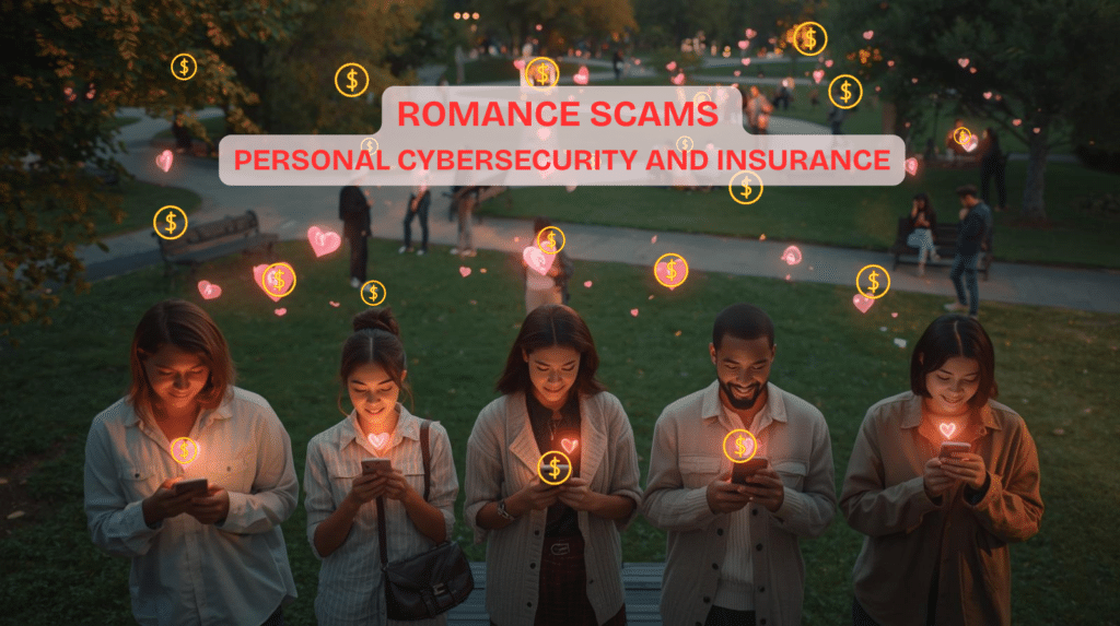 Group of diverse adults standing in a park at sunset, looking affectionately at their smartphones as glowing hearts and floating dollar signs rise from the screens, symbolizing romance scams, personal cybersecurity risks, and the importance of personal cyber insurance protection.