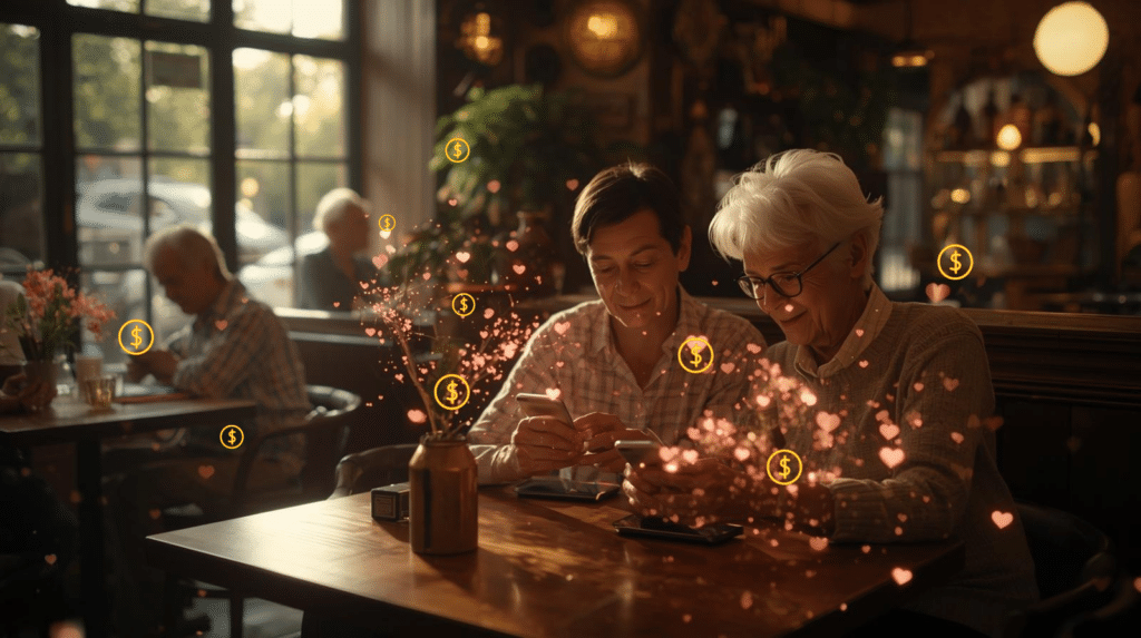 Senior couple sitting in a quaint café looking affectionately at their smartphones as glowing hearts and floating dollar signs rise from the screens, symbolizing romance scams, personal cybersecurity risks, and the need for personal cyber insurance protection for older adults.