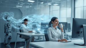 AI risk illustration showing a robot in a modern office with glowing data streams flowing toward a working employee—visual metaphor for autonomous agents, data exfiltration, and cyber insurance liability exposure.