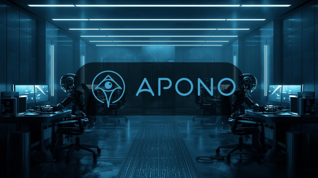 Apono logo in futuristic security operations center with AI agents, illustrating AI risk and agentic AI cyber risk. AI Risk is a significant issue in cyber insurance policy issues.
