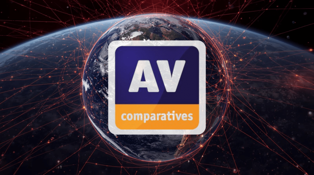 Earth from space with red data network lines and the AV-Comparatives logo, representing global cybersecurity testing, threat intelligence, and digital risk monitoring. How will these insight impact cyber insurance?