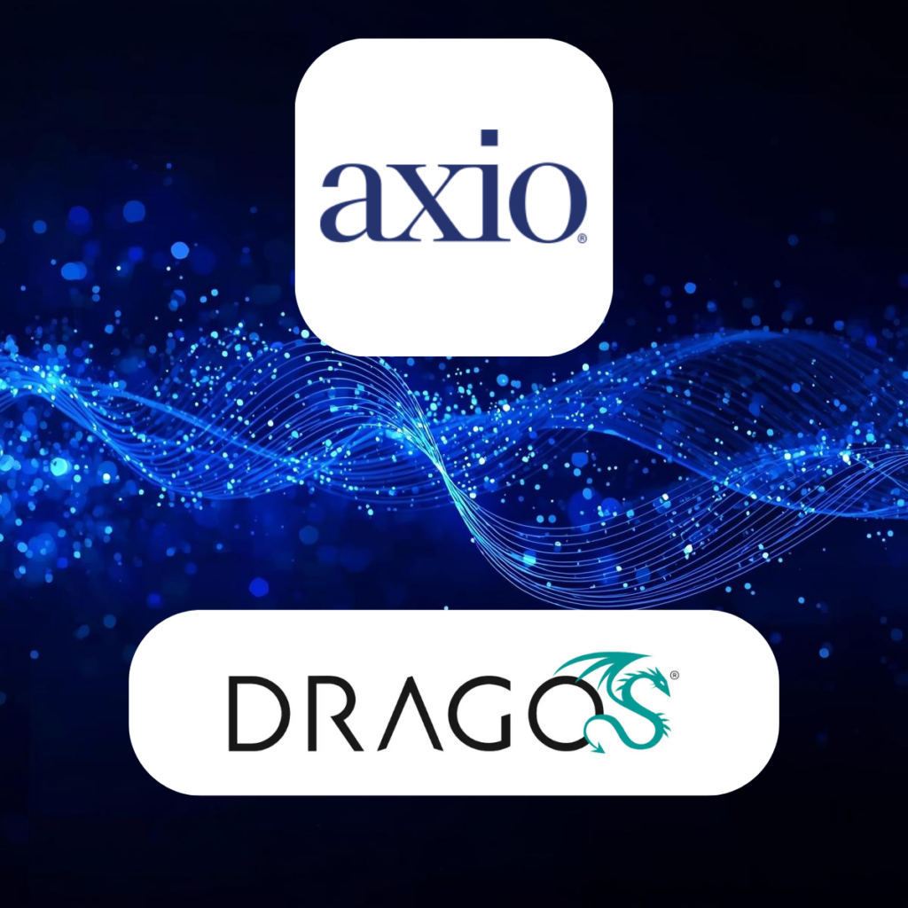 Axio and Dragos logos illustrating a partnership focused on cyber liability insurance and operational technology risk quantification